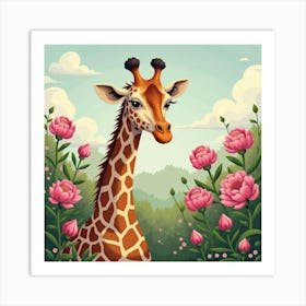 Giraffe Near Pink Peonies 1 Art Print