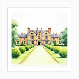 Watercolor Of The Houghton Hall In Norfolk, Featuring Its Grand Facade And Expansive Gardens Art Print