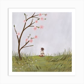 Cat Waiting For Flowers Blossoming Square Art Print