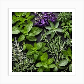 Top View Of Herbs On A Black Background 1 Art Print