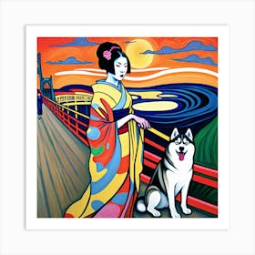 Geisha with a husky, in the sunset, on a bridge Art Print