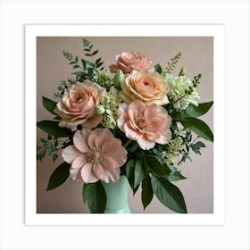 Peach Roses In A Vase Art Print