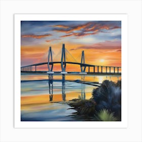 Sunset over the Arthur Ravenel Jr. Bridge in Charleston. Blue water and sunset reflections on the water. Oil colors.13 Art Print