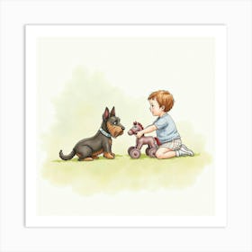 A Scottish Terrier And A Young Girl Playing With A Toy Horse, Watercolor 1 Art Print