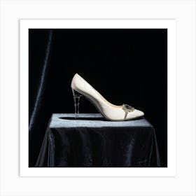 Ladies Shoe Bathed In Alabaster Positioned Against A Black Velvet Backdrop Emphasizing Its Silhoue Art Print