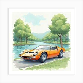 Sleek Car By A Peaceful River, Watercolor Painting 1 Art Print