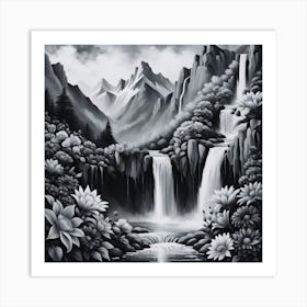 Waterfall In Black And White 2 Art Print