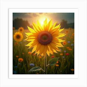 A Radiant Sunflower With Petals Of Cascading, Iridescent Light Blooming In A Mystical Meadow 1 Art Print