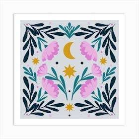 Stars Moon And Flowers - pink and turquoise Art Print