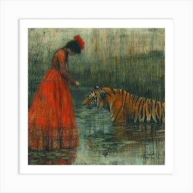 Woman And A Tiger Art Print