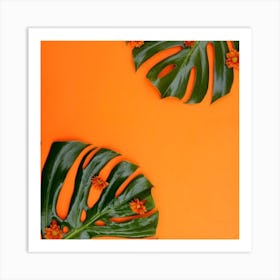 Tropical Leaves On Orange Background Art Print