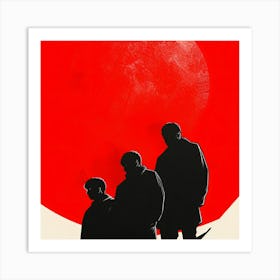 Three Men Standing In Front Of A Red Moon Art Print