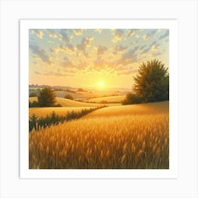 An English Countryside Sunset With Golden Fields, Watercolor Effect 1 Art Print