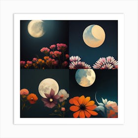 Moon And Flowers Set Art Print