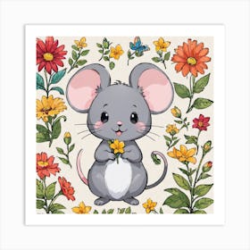 Mouse With Flowers Art Print