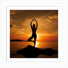 Silhouette Of Woman Doing Yoga At Sunset Art Print