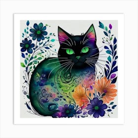 Black Cat With Flowers 8 Art Print