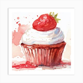 Strawberry Cupcake Watercolor Painting Art Print