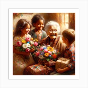 Kids Offering Gifts To Sweet Old Lady Art Print