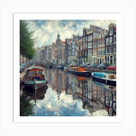 Amsterdam Canals - A canal scene in Amsterdam, but the houses and boats are not reflected in the water in a normal way. Instead, they are reflected in a distorted and fractured way, creating a sense of illusion and fantasy. The scene is rendered in a realistic, painterly style. 1 Art Print