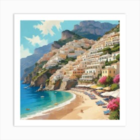 Positano, Amalfi Coast, Italy - Retro Landscape Beach and Coastal Theme Travel Poster Art Print 3 Art Print