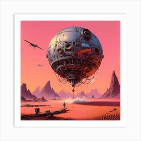 a mechanical sphere floating over a pink desert, 1970's sci fi, illustration by Moebius Art Print