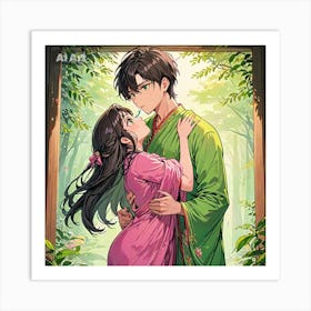 A girl wearing pink kimono hugging a boy wearing green kimono. Art Print