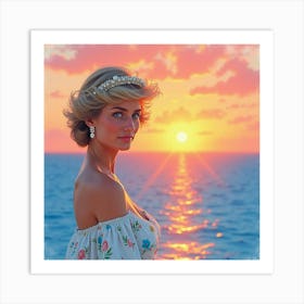 Princess Diana In Front Of A Watercolor Ocean Sunset With Pastel Hues 1 Art Print