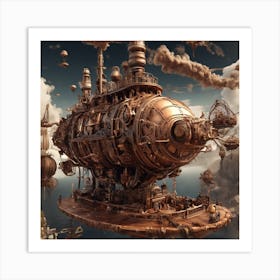 Airships That Appear To Navigate Through An Intricate Network Of Rotating Gears Showcasing The Mechanical Marvels In A 3d Representation Art Print
