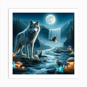 Wolf on the Mushroom Crystal Riverbank 2 Art Print