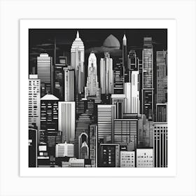 A Minimalist Black And White Illustration Of City Skyline, Capturing Iconic Landmarks, Suitable For Art Print