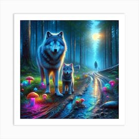Mystical Forest Wolves Seeking Mushrooms and Crystals 7 Art Print