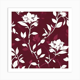 Branch With White Leaves And Flowers On Burgundy Background Art Print