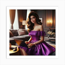 Beautiful Woman In Purple Dress Working On Laptop Art Print