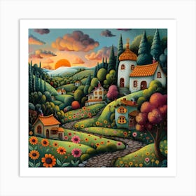 Sunset In The Village, Naive, Whimsical, Folk 1 Art Print