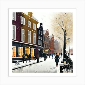 Amsterdam cafes, winter season, Christmas, pale colors, pedestrians in the street, winter clothes, falling snow.4 Art Print