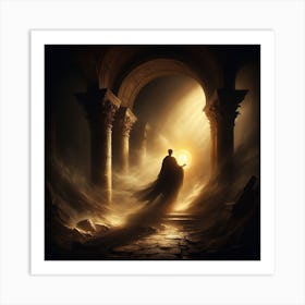 Inspired by the hauntingly beautiful chiaroscuro of Caravaggio: A lone figure, bathed in stark lamplight 2 Art Print