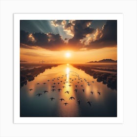 Flock Of Geese Flying Over The River Art Print