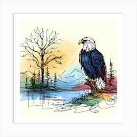 Eagle Minimal Drawing with Watercolor Accents - Wild Bird Artwork 152 Art Print