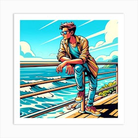 Young Man Sitting On Railing Art Print