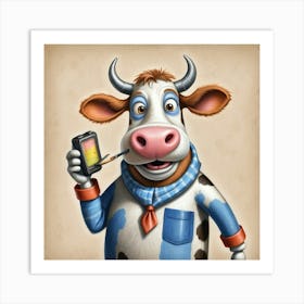 Cartoon Cow With Cell Phone Art Print