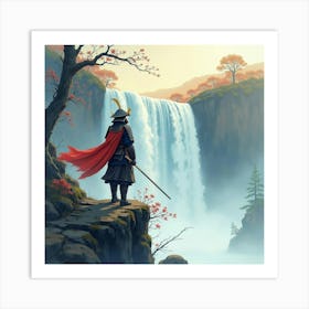 Samurai In Golden Armor At The Top Of A Waterfall, Watercolor Design 1 Art Print