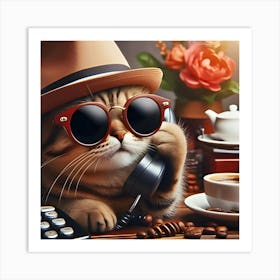 A Cat With A Hat And Sunglasses On Talking On A Phone 1 Art Print