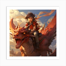 Anime Dragon Rider Smiling, Fantasy Fiction Adventure Art Print