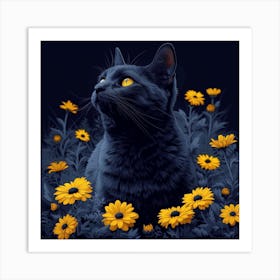 Black Cat In Flowers 1 Art Print