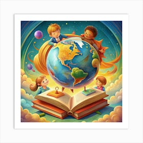 Children Holding A Globe On A Book Art Print