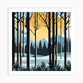 Winter Landscape, Forest, sunset,   Forest bathed in the warm glow of the setting sun, forest sunset illustration, forest at sunset, sunset forest vector art, sunset, forest painting,dark forest, landscape painting, nature vector art, Forest Sunset art, trees, pines, spruces, and firs, black, blue and yellow, sunset in winter Art Print
