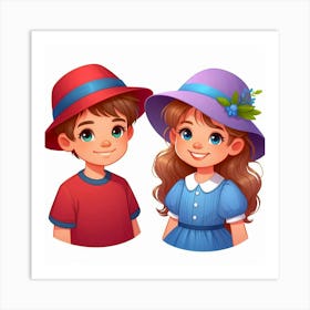 Boy And Girl Wearing Hats Art Print