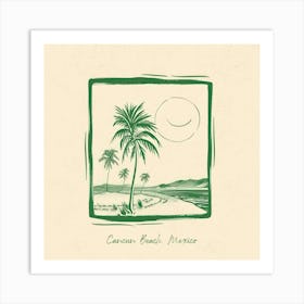 Cancun Beach, Mexico Green Line Art Illustration Art Print