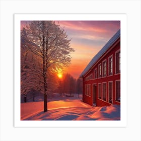 Red House In The Snow Art Print